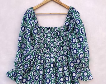 tenues décontractées robe longue en coton imprimée de fleurs vertes / encolure carrée avec robe longue à smocks / robe longue bohème à manches longues
