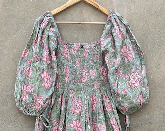 Robe longue en coton à imprimé floral rose vert / encolure carrée avec robe longue à smocks / robe longue à manches 3/4 avec liens en coton