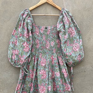 green pink floral printed cotton long maxi dress / square neckline with smocked maxi dress / 3/4th sleeve with cotton ties maxi dress