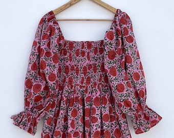 hand block floral printed cotton long maxi dress / square neckline with smocking maxi dress  / long sleeve summer boho maxi dress