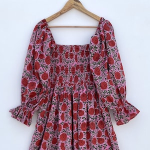 hand block floral printed cotton long maxi dress / square neckline with smocking maxi dress  / long sleeve summer boho maxi dress