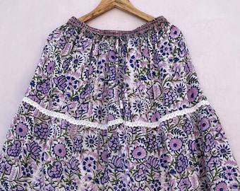 summer purple casual wear cotton long maxi skirt / elastic waist with lace women wear long skirt / broomstick style printed skirt