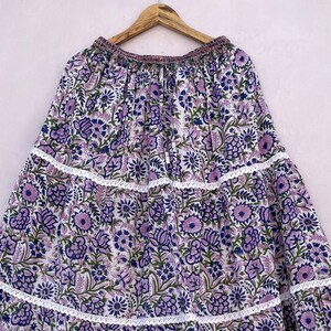 summer purple casual wear cotton long maxi skirt / elastic waist with lace women wear long skirt / broomstick style printed skirt