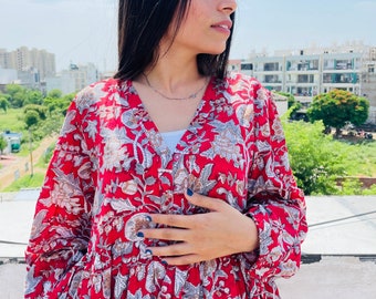 red floral printed boho mini maxi dress / v neckline with buttons mini maxi dress / long sleeve summer mini dress