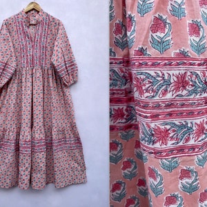 pink floral printed summer long maxi dress / v neckline boho long maxi dress / 3/4th sleeve summer wear cotton long maxi dress