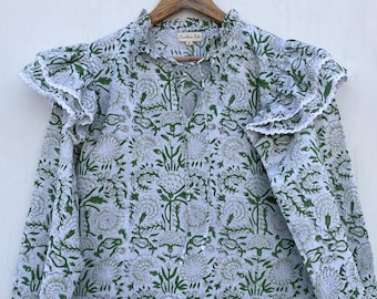 hot party wear cotton women look blouse and tops / v neckline with cotton ties summer tops / long sleeve with lace printed blouse and tops