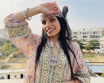 printed long maxi dress / v neckline bohemian dress / 3/4th sleeve bohemian dress