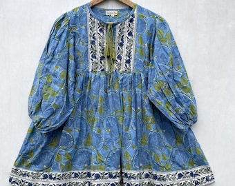 green leaves printed cotton beach summer blouse / Henley neckline with tassel boho tops / 3/4th sleeve printed blouse