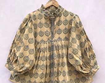 wings floral printed bagru dye printed blouse tops / collared neckline with tassel blouse / 3/4th sleeve with button tops