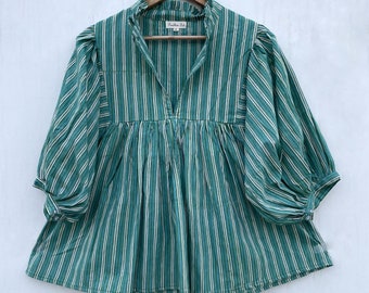 summer valley causal look women wear blouse / v neckline cotton tops / 3/4th sleeve with buttons boho blouse tops