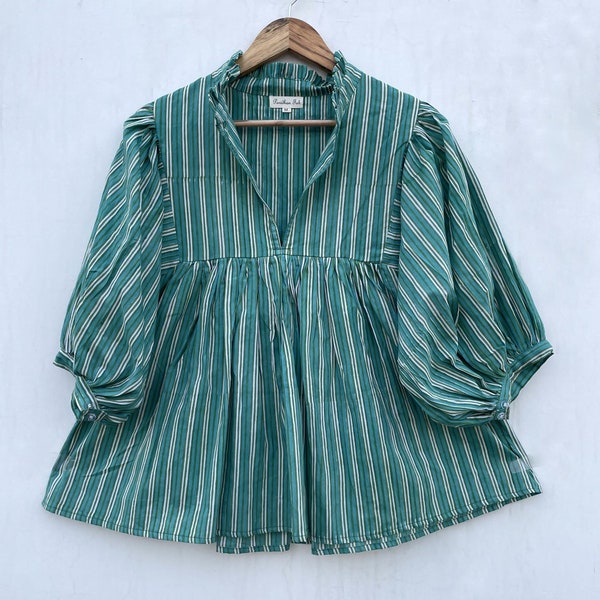 summer valley causal look women wear blouse / v neckline cotton tops / 3/4th sleeve with buttons boho blouse tops