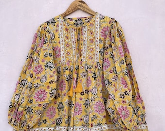 yellow pink flower printed blouse and tops / Henley neckline with tassel blouse / long sleeve summer blouse