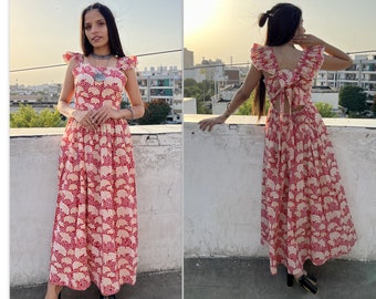 party wear block printed cotton maxi dress / square neckline with back strap maxi dress / short sleeve summer maxi dress