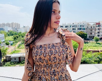 Bagru printed cotton long strap maxi dress / square neckline with smocked maxi dress / wide strap sleeve less maxi dress