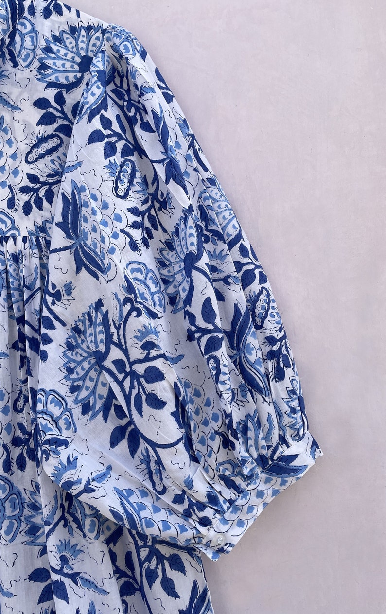 summer blue lotus flower printed new style maxi dress / v neckline boho maxi dress / 3/4th sleeve with button women maxi dress zdjęcie 3