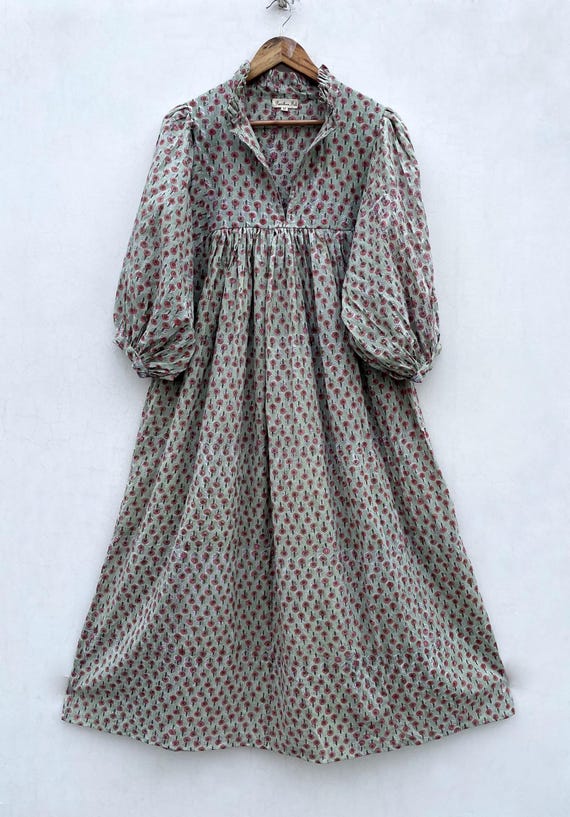 garden green booty printed cotton maxi dress / v neckline women wear long maxi dress / 3/4th sleeve with button boho long maxi dress