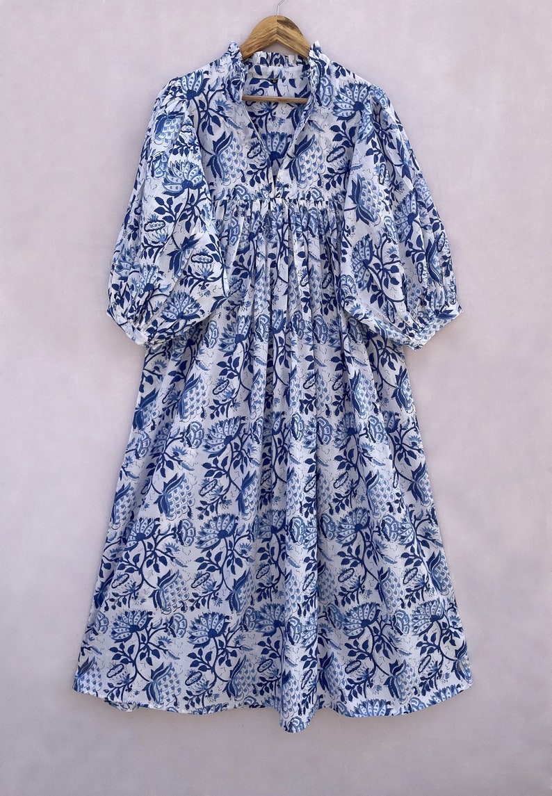 summer blue lotus flower printed new style maxi dress / v neckline boho maxi dress / 3/4th sleeve with button women maxi dress image 1