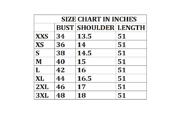 May include: Size chart in inches for clothing, showing bust, shoulder, and length measurements in inches for sizes XXS to 3XL.