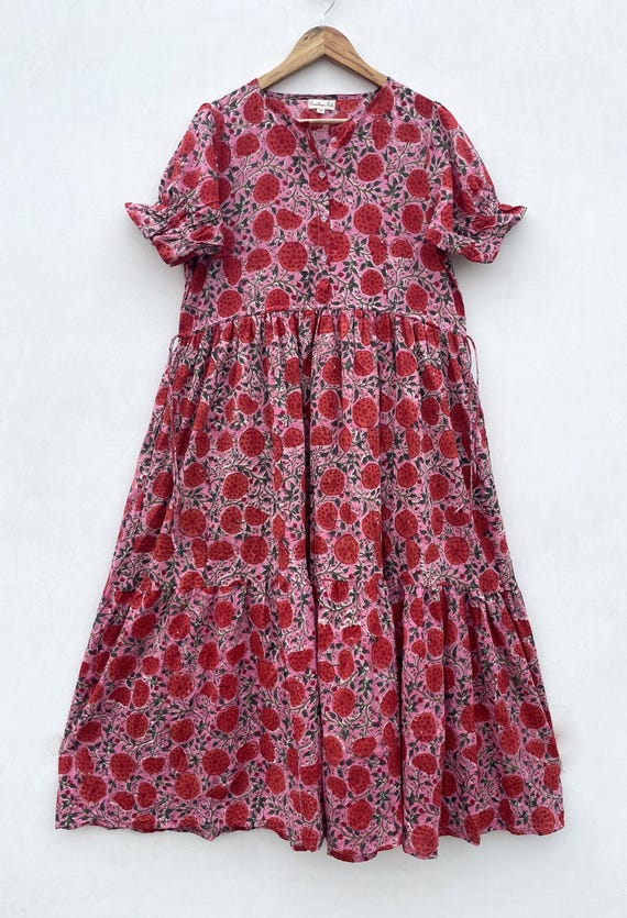 blossom red pink jaal printed long maxi dress / round neckline with button maxi dress / short sleeve with waist drawstring long maxi dress
