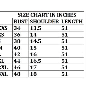 May include: A size chart in inches, with measurements for bust, shoulder, and length. Sizes range from XXS to 3XL, with bust measurements from 34 to 48 inches, shoulder measurements from 13.5 to 18 inches, and a consistent length of 51 inches.