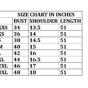 May include: A size chart in inches, detailing bust, shoulder, and length measurements. Sizes range from XXS to 3XL, with bust measurements from 86.36 to 121.92 cm, shoulder measurements from 34.29 to 45.72 cm, and a consistent length of 129.54 cm.