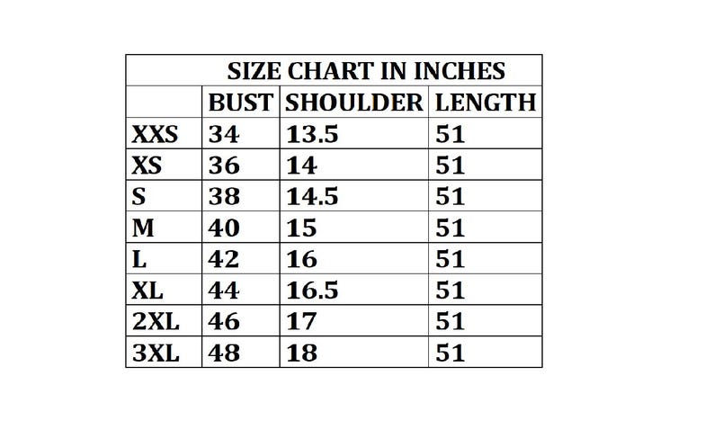 May include: A size chart in inches, detailing bust, shoulder, and length measurements. Sizes range from XXS to 3XL, with bust measurements from 86.36 to 121.92 cm, shoulder measurements from 34.29 to 45.72 cm, and a consistent length of 129.54 cm.