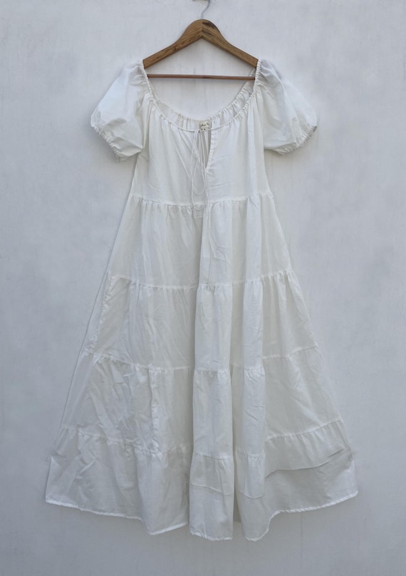 solid white cotton long beach wear maxi dress / round neckline with drawstring summer maxi dress / short sleeve boho long maxi dress