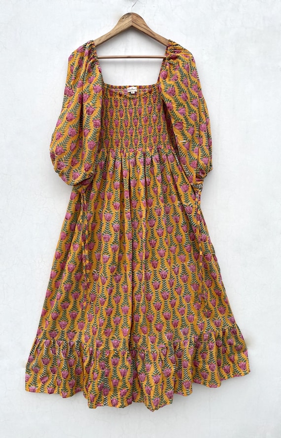 Lange maxi-jurk met gele tulpbloemenprint vierkante halslijn met