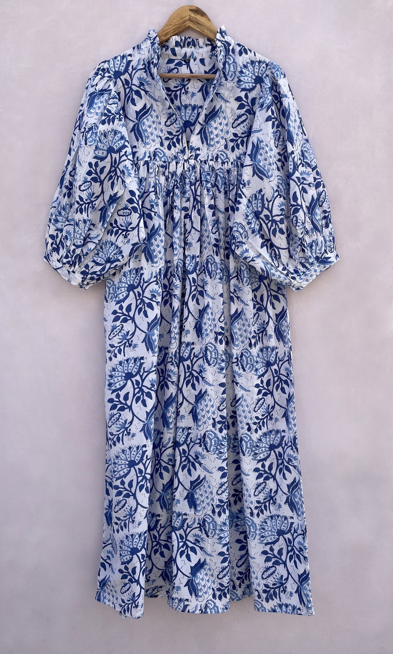 summer blue lotus flower printed new style maxi dress / v neckline boho maxi dress / 3/4th sleeve with button women maxi dress image 5