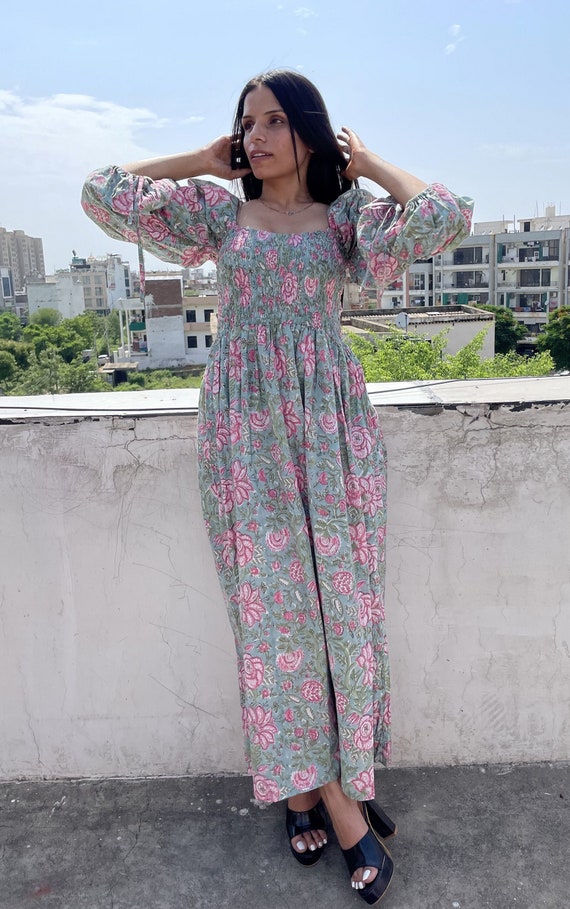 cotton dress for travel travel wear women look long maxi dress / square neckline with smocking maxi dress / 3/4th sleeve with cotton ties maxi dress