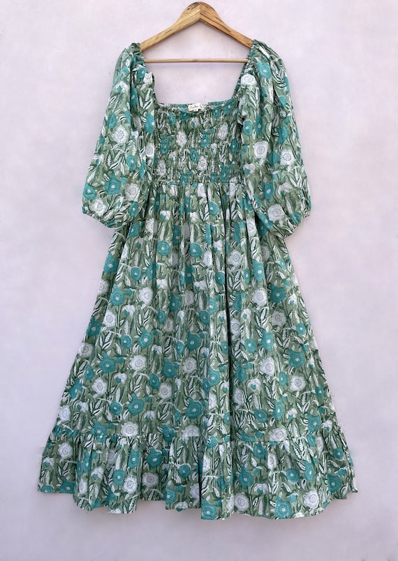 green tulip flower printed cotton long summer maxi dress / square neckline with smocking maxi dress / 3/4th sleeve printed maxi dress