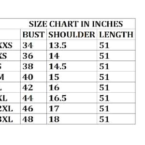May include: A size chart in inches, with measurements for bust, shoulder, and length. Sizes range from XXS to 3XL, with bust measurements from 34 to 48 inches, shoulder measurements from 13.5 to 18 inches, and a consistent length of 51 inches.