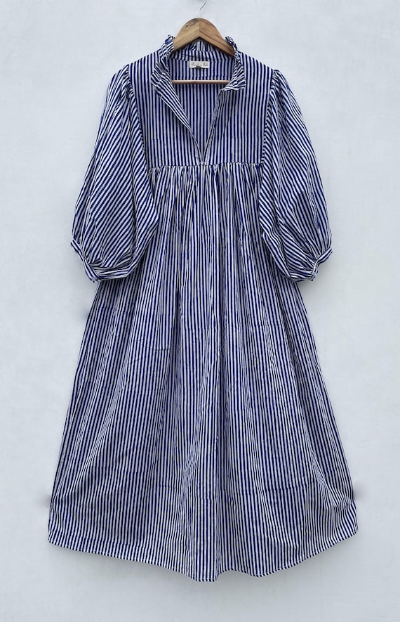 Blue Striped Printed Cotton Women Wear Long Maxi Dress / V Neckline Long Maxi Dress / 3/4th Sleeve with Button Boho Long Maxi Dress