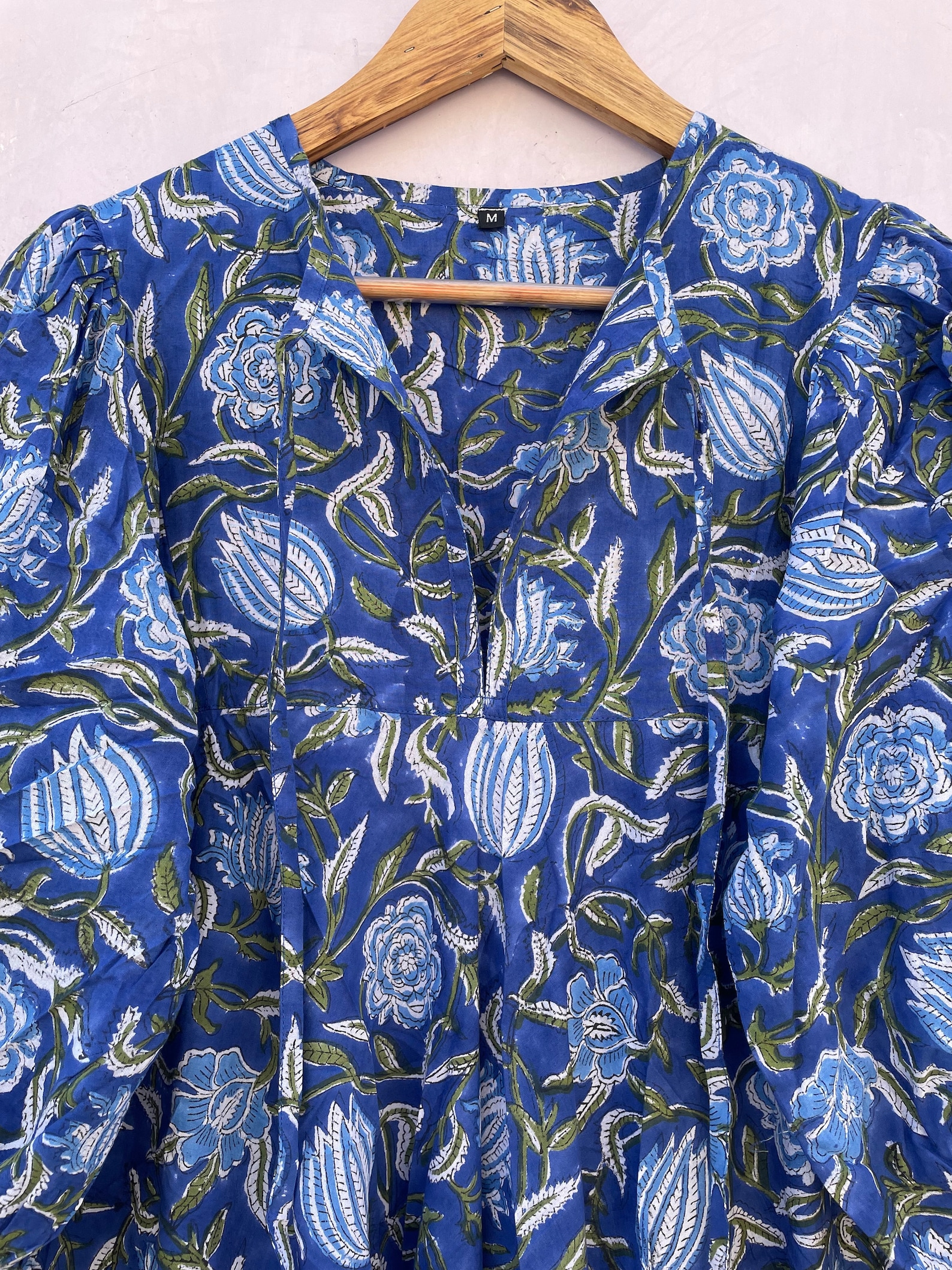 green pink lotus hand block printed frill collared maxi dress - 3/4th button sleeves