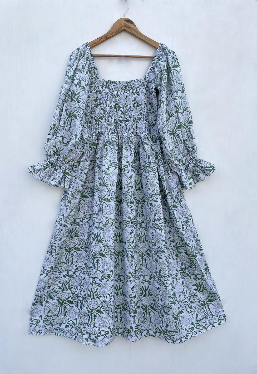 Cool Green Flower Printed Fall Season Long Maxi Dress / Square Neckline ...