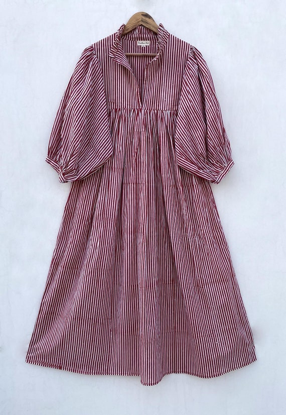red striped cotton long summer maxi dress / v neckline boho long maxi dress / 3/4th sleeve with button women wear maxi dress