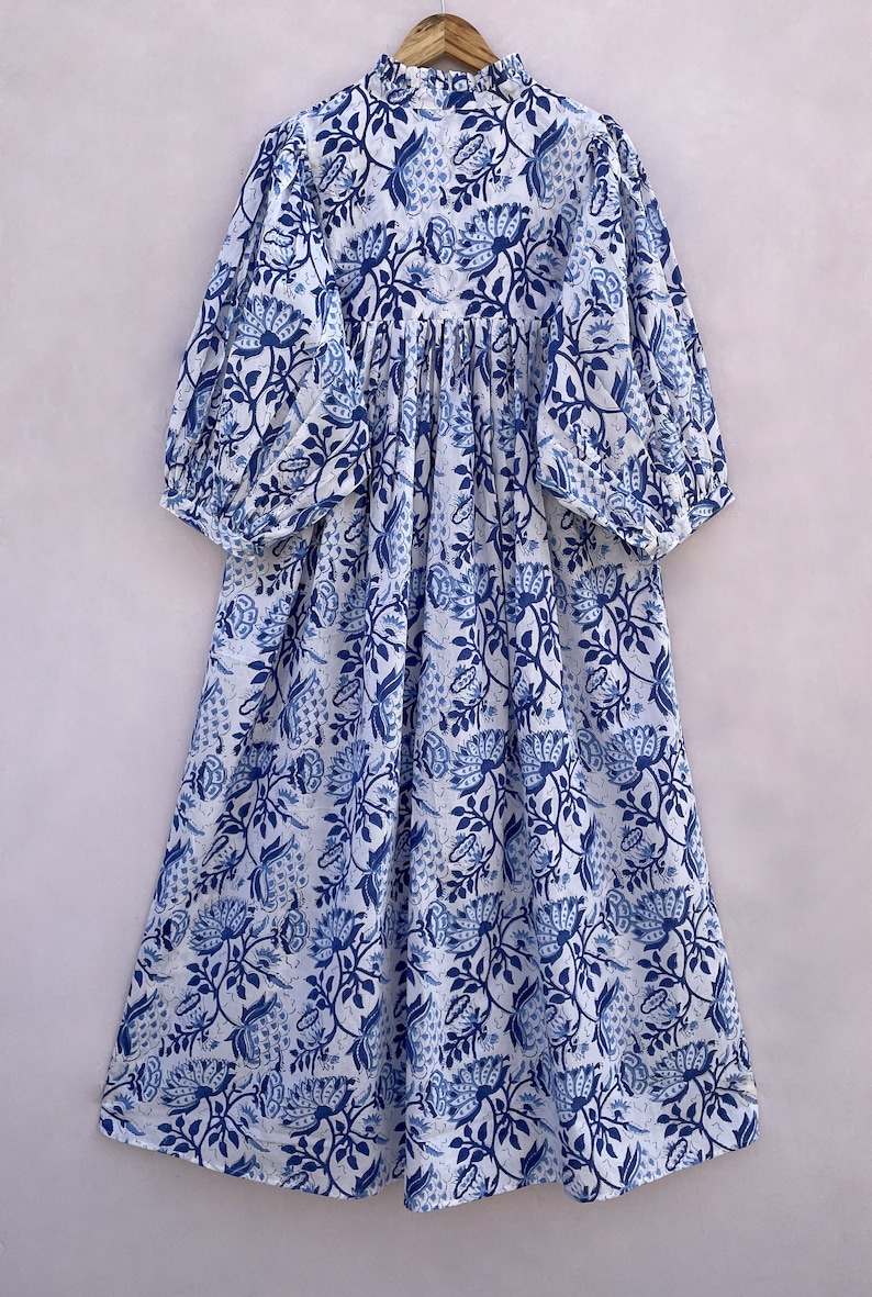 summer blue lotus flower printed new style maxi dress / v neckline boho maxi dress / 3/4th sleeve with button women maxi dress zdjęcie 6