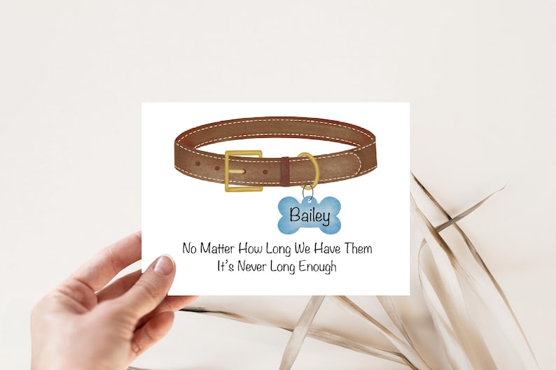 May include: A brown leather dog collar with a gold buckle and a blue bone-shaped tag that says "Bailey". The text below the collar reads "No Matter How Long We Have Them It's Never Long Enough".
