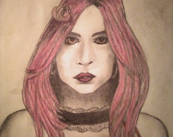 May include: A drawing of a woman with long pink hair, wearing a black lace choker and a red scarf. She has a rose behind her ear and is looking directly at the viewer.
