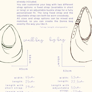 Op de afbeelding: Diagram van het Donna Bag-patroon, met twee maten tassen met afmetingen. De kleine tas is 45 cm breed en 25 cm lang, met bandlengtes van 39 cm en 49 cm. De grote tas is 53 cm breed en 33,5 cm lang, met verstelbare bandlengtes van 50 cm tot 70 cm.