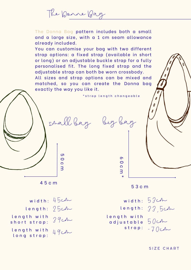 Op de afbeelding: Diagram van het Donna Bag-patroon, met twee maten tassen met afmetingen. De kleine tas is 45 cm breed en 25 cm lang, met bandlengtes van 39 cm en 49 cm. De grote tas is 53 cm breed en 33,5 cm lang, met verstelbare bandlengtes van 50 cm tot 70 cm.