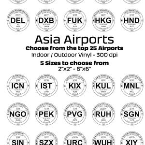 Puede incluir: Una colección de pegatinas circulares con códigos de aeropuertos asiáticos. Las pegatinas incluyen el nombre del aeropuerto, el código y la elevación en pies. El texto de la imagen dice "Aeropuertos de Asia" y "Elige entre los 25 aeropuertos principales."