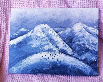 Pintura al óleo "Pingüinos en la montaña" Pintura original mural