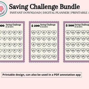 Può includere: Pacchetto di sfide di risparmio stampabile con tre diverse opzioni: 100 €, 200 € e 500 €. Ogni opzione ha una griglia di cuori con importi in euro per tenere traccia dei risparmi per 30 giorni. Il design stampabile può essere utilizzato in un'app di annotazione PDF.
