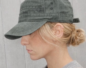 Vintage military cap, cadet cap, washed cotton baseball hat, casual flat top