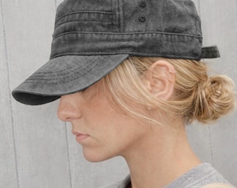 Washed Black Cotton Retro Military Cap – Adjustable Fit, Y2K Streetwear Brass Buckle