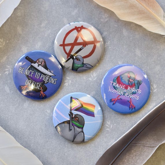 Handmade Pigeon Button Pin: Digitally Drawn Designs