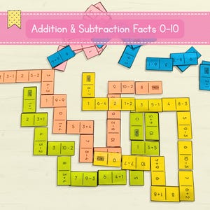 May include: A set of colorful rectangular domino-style cards featuring addition and subtraction math problems with numbers 0-10. The cards are orange, yellow, green, blue, and pink, with some labeled Start or Finish. Text reads Addition & Subtraction Facts 0-10.