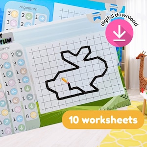 Grafik Diktat Arbeitsblätter für Kinder, Tier Gitter Zeichnung Pixel Art Aktivität