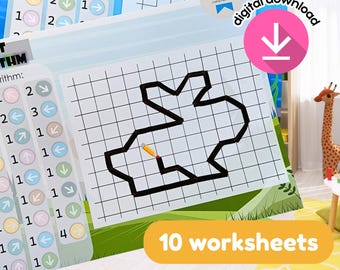 Hojas de trabajo de dictado gráfico para niños, actividad de dibujo de cuadrícula de animales en pixel art